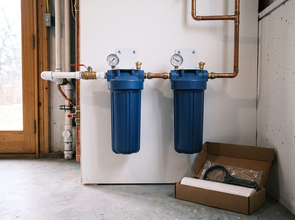 A pair of Big Blue water filter housings mounted on a wall and plumbed into the copper supply line, with a spare cartridge alongside.