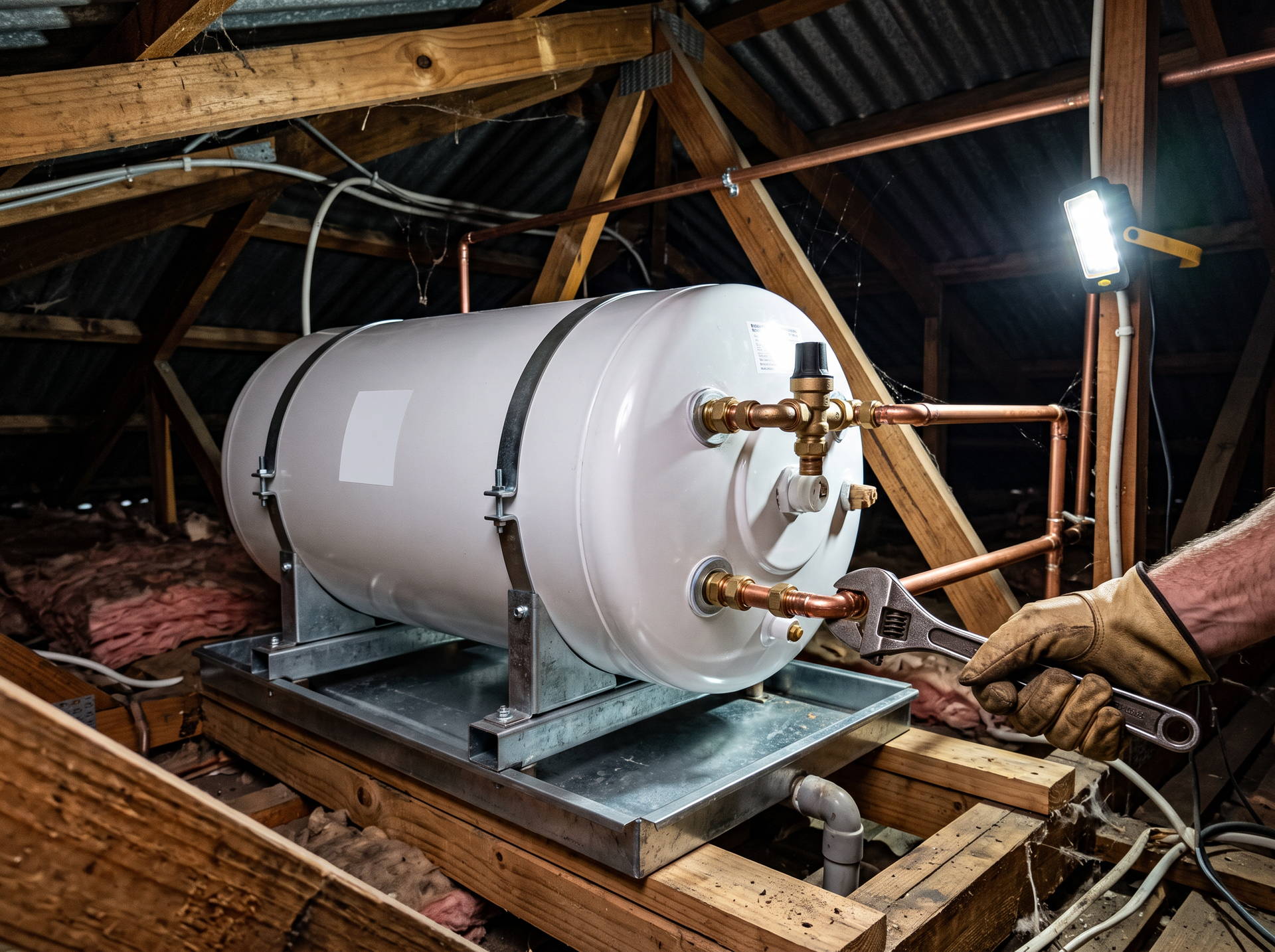A plumber tightening the copper pipework and brass valves on a newly fitted geyser in a roof space.