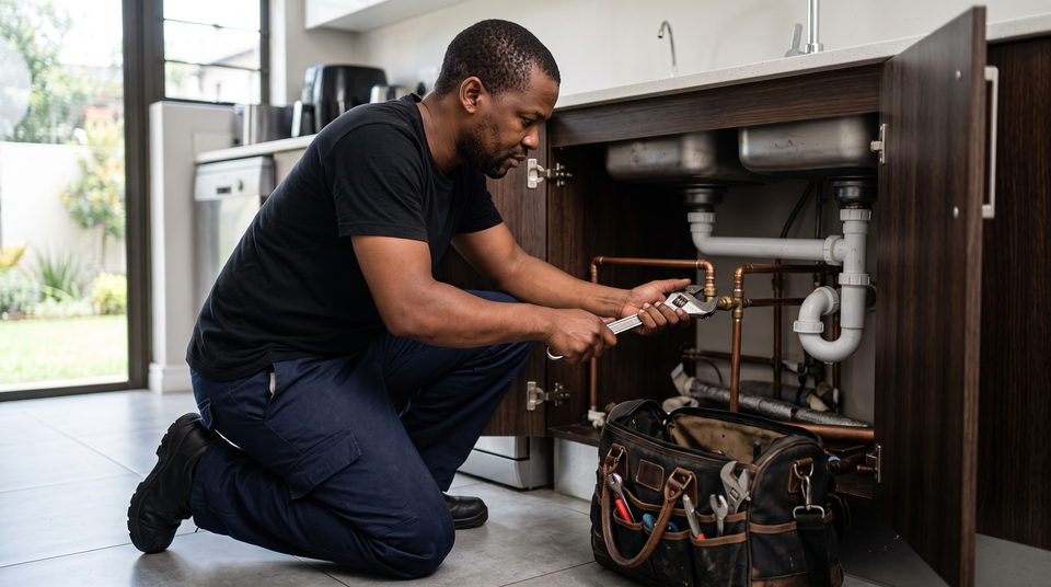 A plumber kneeling at an open kitchen cupboard, tightening the copper waste pipework under the sink with a spanner.